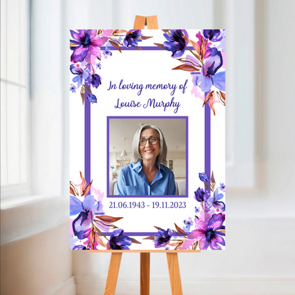 Funeral Service Entrance Board Sign | Personalised Photo Funeral Board | Purple Floral Funeral Wake Sign | A4, A3, A2