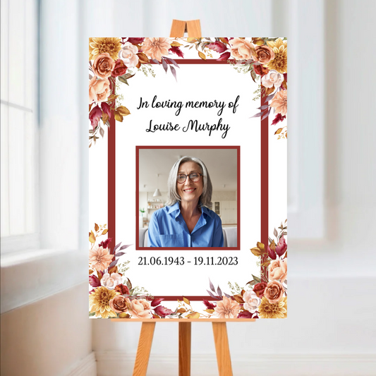 Funeral Service Entrance Board Sign | Personalised Photo Funeral Board | Brown Autumn Floral Leaf Funeral Wake Sign | A4, A3, A2