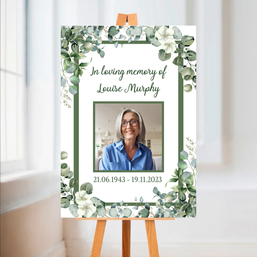 Funeral Service Entrance Board Sign | Personalised Photo Funeral Board | Greenery Funeral Wake Sign | A4, A3, A2