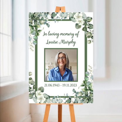 Funeral Service Entrance Board Sign | Personalised Photo Funeral Board | Greenery Funeral Wake Sign | A4, A3, A2