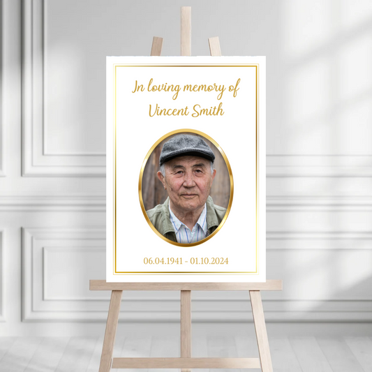 Funeral Service Entrance Board Sign | Personalised Photo Funeral Board | Gold Frame Funeral Wake Sign | A4, A3, A2
