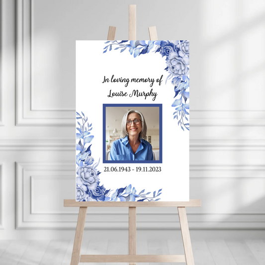 Funeral Service Entrance Board Sign | Personalised Photo Funeral Board | Blue Floral Funeral Wake Sign | A4, A3, A2