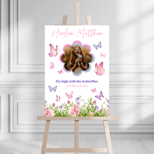 Funeral Service Entrance Board Sign | Personalised Photo Funeral Board | Butterfly Quote Funeral Wake Sign | A4, A3, A2