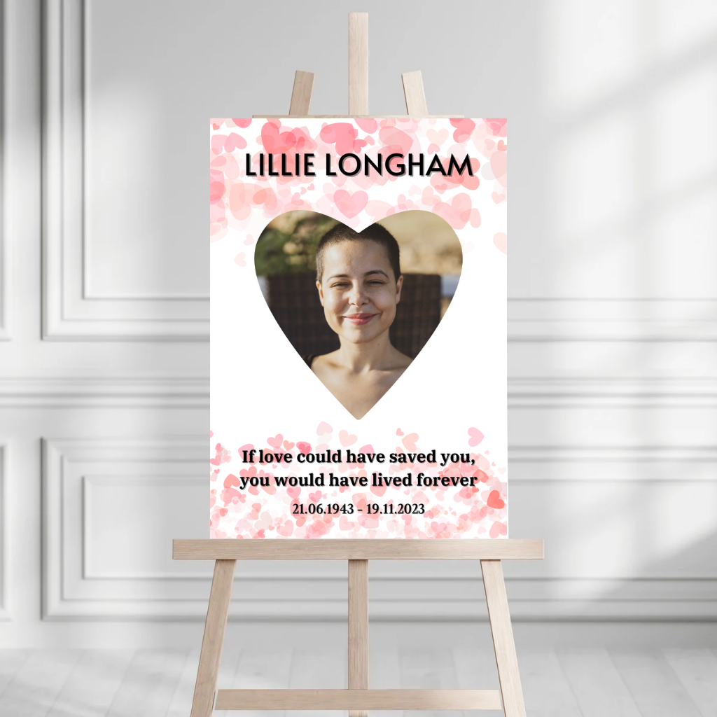 Funeral Service Entrance Board Sign | Personalised Photo Funeral Board | Heart Quote Funeral Wake Sign | A4, A3, A2