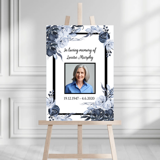 Funeral Service Entrance Board Sign | Personalised Photo Funeral Board | Blue Grey Floral Funeral Wake Sign | A4, A3, A2