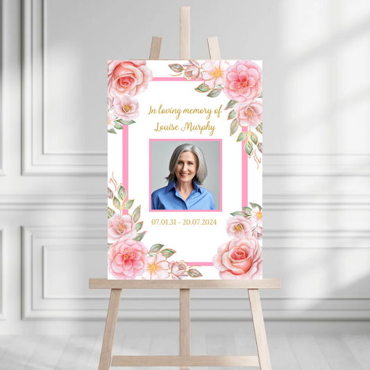Funeral Service Entrance Board Sign | Personalised Photo Funeral Board | Pink Floral Funeral Wake Sign | A4, A3, A2