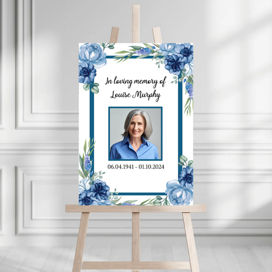 Funeral Service Entrance Board Sign | Personalised Photo Funeral Board | Blue Floral Funeral Wake Sign | A4, A3, A2