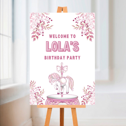Carousel Horse Welcome Board Sign | Personalised Birthday Board | Birthday Party Sign | A4, A3, A2