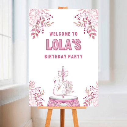 Premium Carousel Swan Welcome Board Sign | Personalised Birthday Board | Birthday Party Sign | A4, A3, A2