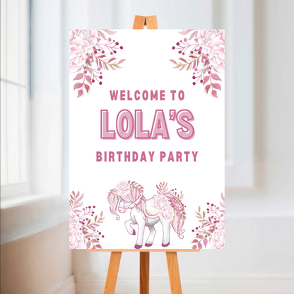 Pink Floral Horse Welcome Board Sign | Personalised Birthday Board | Birthday Party Sign | A4, A3, A2