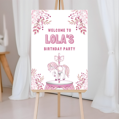 Carousel Horse Welcome Board Sign | Personalised Birthday Board | Birthday Party Sign | A4, A3, A2