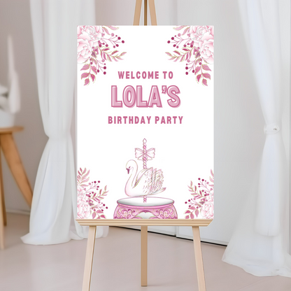 Premium Carousel Swan Welcome Board Sign | Personalised Birthday Board | Birthday Party Sign | A4, A3, A2