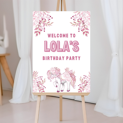 Pink Floral Horse Welcome Board Sign | Personalised Birthday Board | Birthday Party Sign | A4, A3, A2