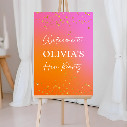 Pink, Orange & Gold Welcome Board Sign | Personalised Birthday, Hen Party Board | Party Sign | A4, A3, A2 (White Text)
