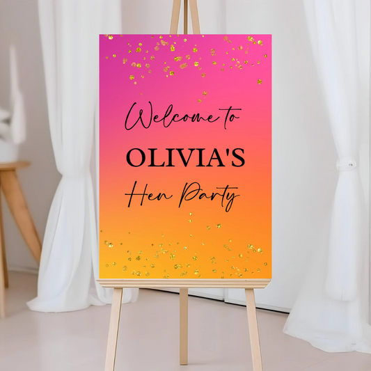 Pink, Orange & Gold Welcome Board Print Sign | Personalised Birthday, Hen Party Board | Party Sign | A4, A3, A2, A1 - Dinky Designs