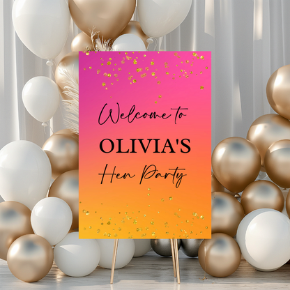 Pink, Orange & Gold Welcome Board Sign | Personalised Birthday, Hen Party Board | Party Sign | A4, A3, A2 (Black Text)