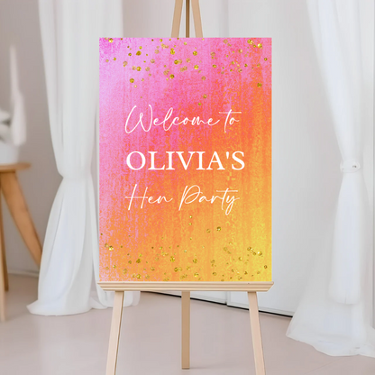 Pink, Orange & Gold Welcome Board Sign | Personalised Birthday, Hen Party Board | Party Sign | A4, A3, A2 (White Text)