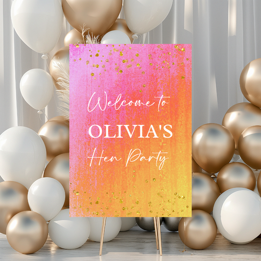 Pink, Orange & Gold Welcome Board Sign | Personalised Birthday, Hen Party Board | Party Sign | A4, A3, A2 (White Text)