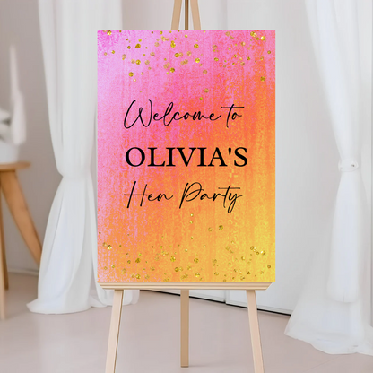 Pink, Orange & Gold Welcome Board Sign | Personalised Birthday, Hen Party Board | Party Sign | A4, A3, A2 (Black Text)
