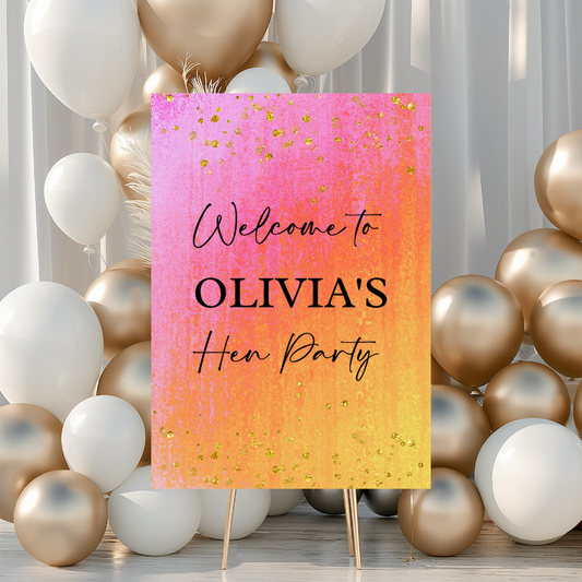 Pink, Orange & Gold Welcome Board Sign | Personalised Birthday, Hen Party Board | Party Sign | A4, A3, A2 (Black Text)