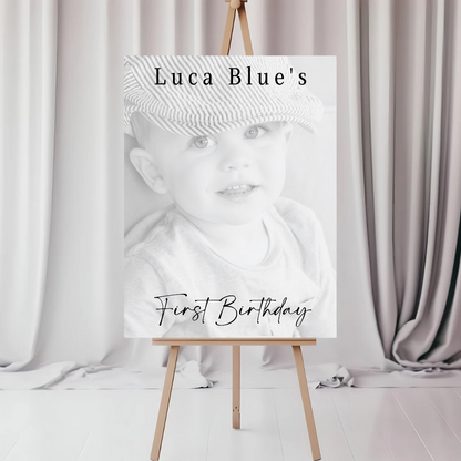 Black & White Photo Board | First Birthday Welcome Board Sign | Personalised Party Board | A4, A3, A2