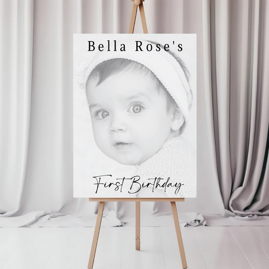 Black & White Photo Board | First Birthday Welcome Board Sign | Personalised Party Board | A4, A3, A2