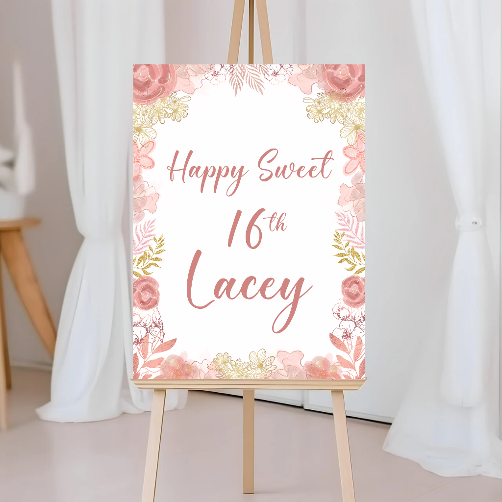 Blush Pink Gold Floral Welcome Board Sign | Personalised Baby Shower, Christening, Birthday Party, Wedding Board | Party Sign | A4, A3, A2