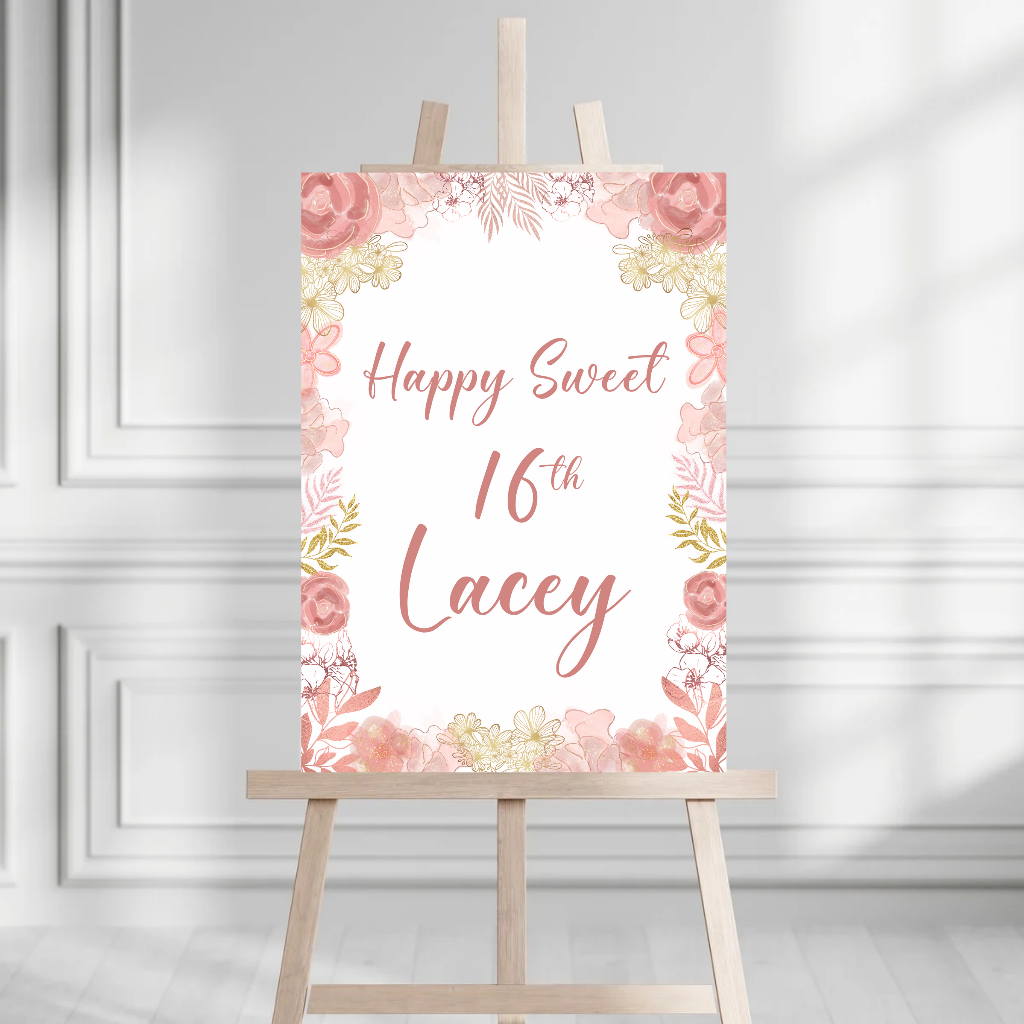 Blush Pink Gold Floral Welcome Board Sign | Personalised Baby Shower, Christening, Birthday Party, Wedding Board | Party Sign | A4, A3, A2