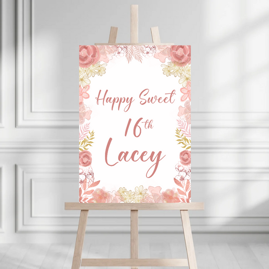 Blush Pink Gold Floral Welcome Board Sign | Personalised Baby Shower, Christening, Birthday Party, Wedding Board | Party Sign | A4, A3, A2
