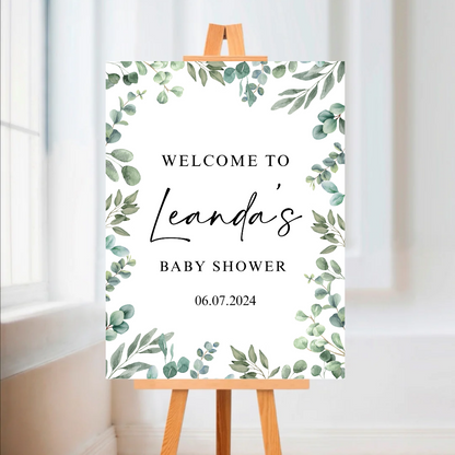 Greenery Leafy Welcome Board Sign | Personalised Baby Shower, Christening, Birthday Party, Wedding Board | Party Sign | A4, A3, A2