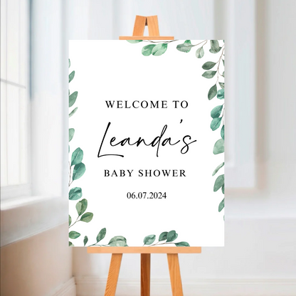 Greenery Leafy Welcome Board Sign | Personalised Baby Shower, Christening, Birthday Party, Wedding Board | Party Sign | A4, A3, A2