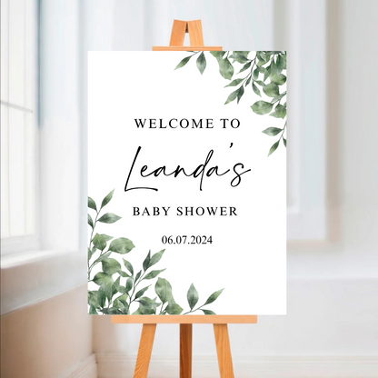 Greenery Leafy Welcome Board Sign | Personalised Baby Shower, Christening, Birthday Party, Wedding Board | Party Sign | A4, A3, A2