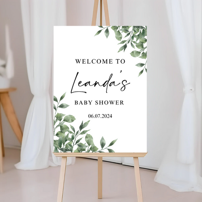 Greenery Leafy Welcome Board Sign | Personalised Baby Shower, Christening, Birthday Party, Wedding Board | Party Sign | A4, A3, A2