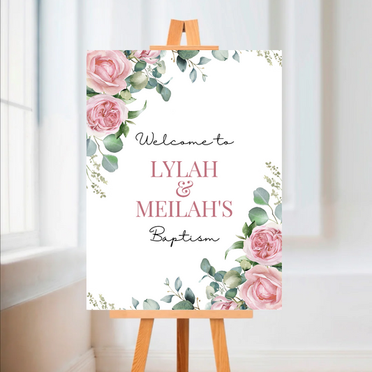 Pink Rose Floral Welcome Board Sign | Personalised Baby Shower, Christening, Birthday Party Board | Party Sign | A4, A3, A2