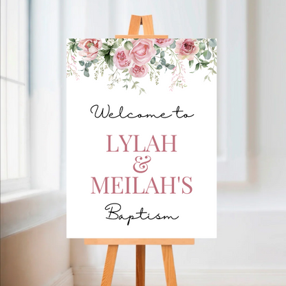 Pink Rose Floral Welcome Board Sign | Personalised Baby Shower, Christening, Birthday Party Board | Party Sign | A4, A3, A2