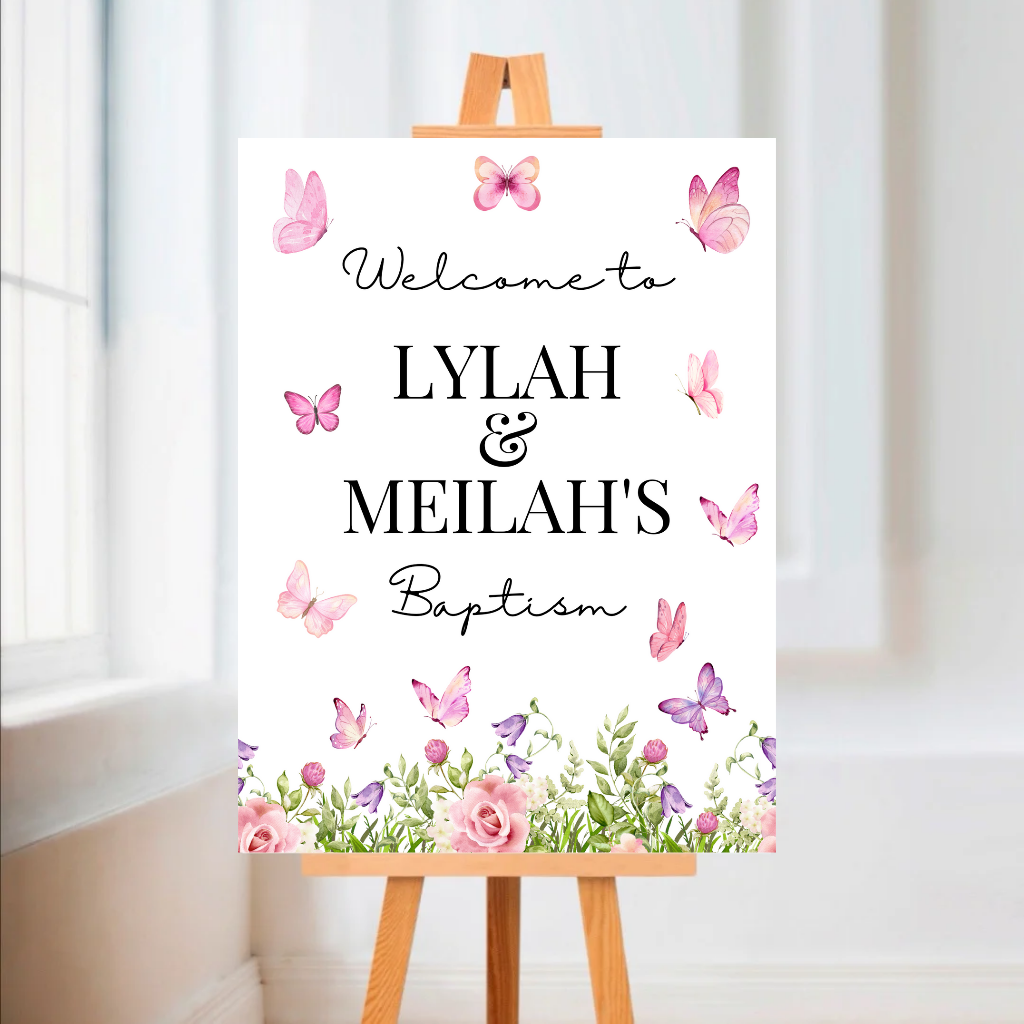 Pink Butterfly Floral Welcome Board Sign | Personalised Baby Shower, Christening, Birthday Party Board | Party Sign | A4, A3, A2