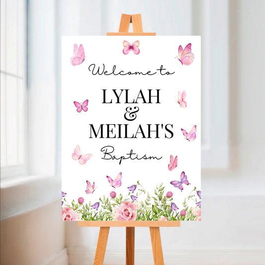 Pink Butterfly Floral Welcome Board Sign | Personalised Baby Shower, Christening, Birthday Party Board | Party Sign | A4, A3, A2