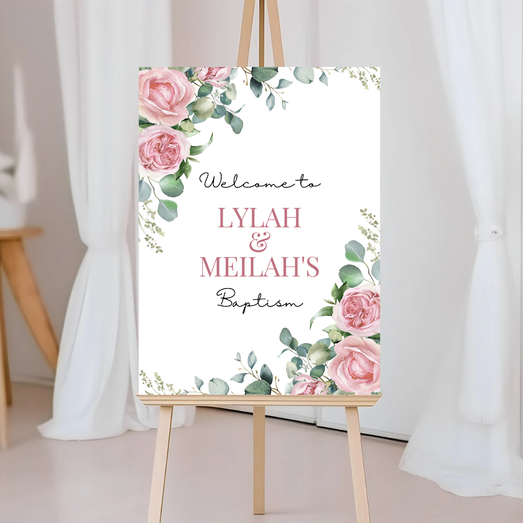 Pink Rose Floral Welcome Board Sign | Personalised Baby Shower, Christening, Birthday Party Board | Party Sign | A4, A3, A2
