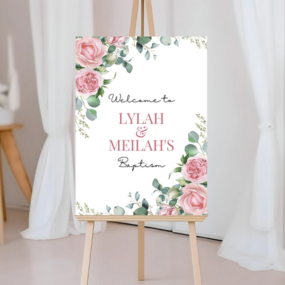 Pink Rose Floral Welcome Board Sign | Personalised Baby Shower, Christening, Birthday Party Board | Party Sign | A4, A3, A2