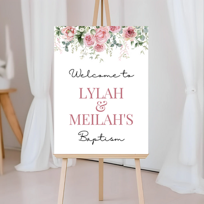 Pink Rose Floral Welcome Board Sign | Personalised Baby Shower, Christening, Birthday Party Board | Party Sign | A4, A3, A2