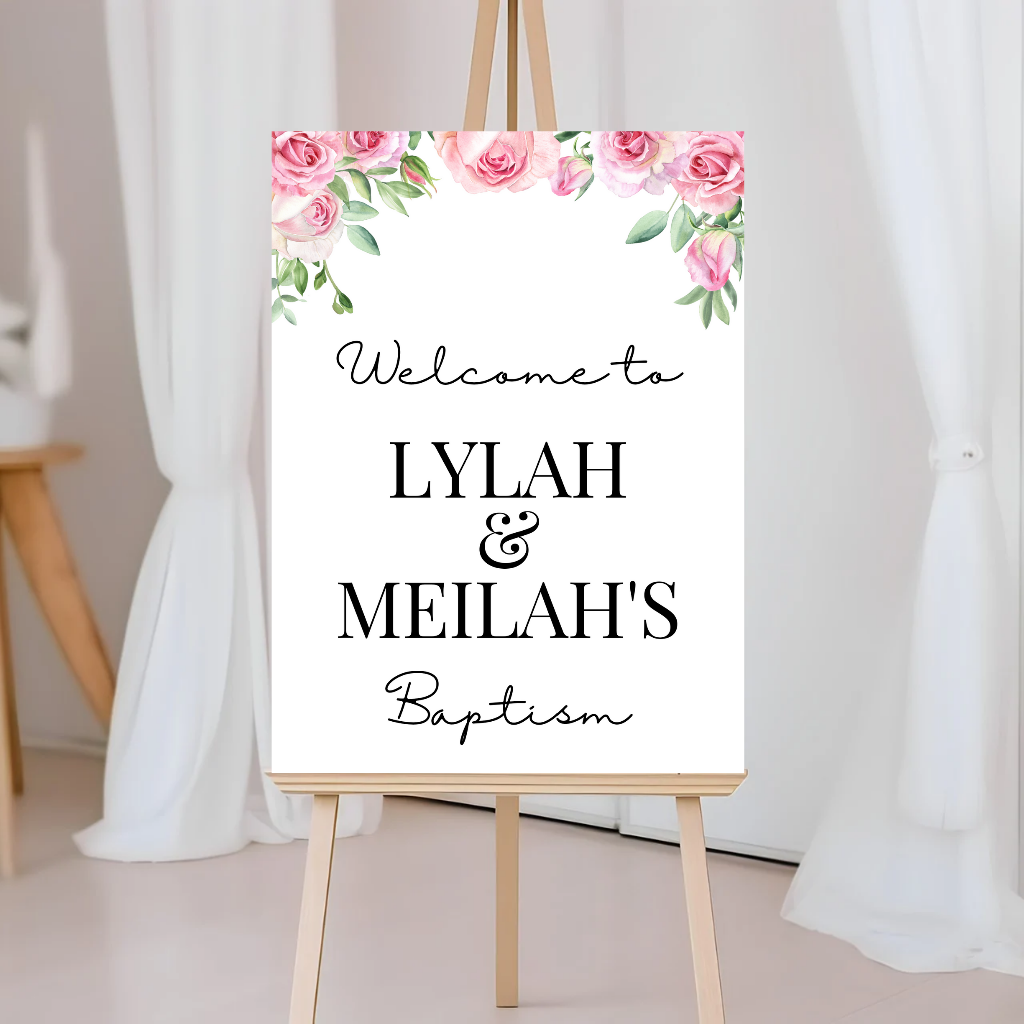 Pink Rose Floral Welcome Board Sign | Personalised Baby Shower, Christening, Birthday Party Board | Party Sign | A4, A3, A2