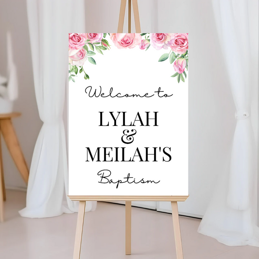 Pink Rose Floral Welcome Board Sign | Personalised Baby Shower, Christening, Birthday Party Board | Party Sign | A4, A3, A2