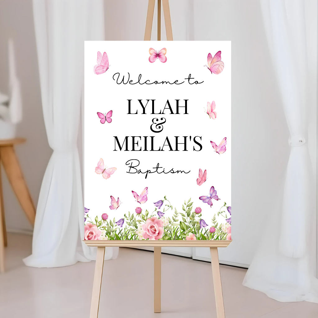 Pink Butterfly Floral Welcome Board Sign | Personalised Baby Shower, Christening, Birthday Party Board | Party Sign | A4, A3, A2