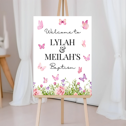 Pink Butterfly Floral Welcome Board Sign | Personalised Baby Shower, Christening, Birthday Party Board | Party Sign | A4, A3, A2