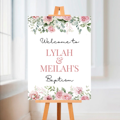 Rose Pink Floral Welcome Board Sign | Personalised Baby Shower, Christening, Birthday Party Board | Party Sign | A4, A3, A2