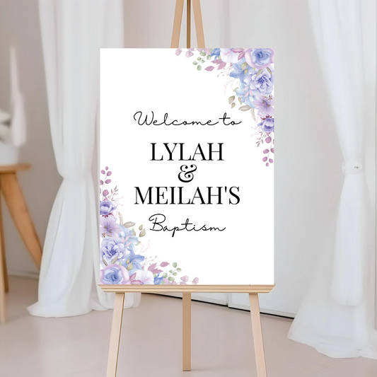 Purple Floral Welcome Board Sign | Personalised Baby Shower, Christening, Birthday Party Board | Party Sign | A4, A3, A2