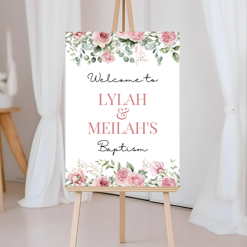 Rose Pink Floral Welcome Board Sign | Personalised Baby Shower, Christening, Birthday Party Board | Party Sign | A4, A3, A2