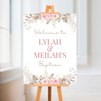 Rose Pink Floral Welcome Board Sign | Personalised Baby Shower, Christening, Birthday Party Board | Party Sign | A4, A3, A2