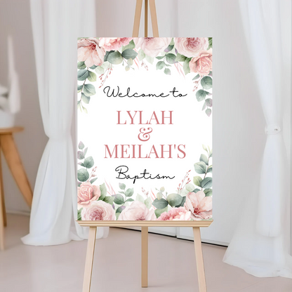 Rose Pink Floral Welcome Board Sign | Personalised Baby Shower, Christening, Birthday Party Board | Party Sign | A4, A3, A2