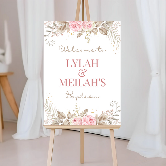 Rose Pink Floral Welcome Board Sign | Personalised Baby Shower, Christening, Birthday Party Board | Party Sign | A4, A3, A2